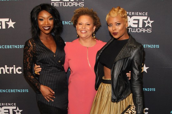 NEW YORK, NY - APRIL 23:  (L-R) Recording artist Brandy Norwood, Chairman and Chief Executive Officer of BET Debra Lee, and actress Eva Marcille attend the BET New York Upfronts on April 23, 2015 in New York City.  (Photo by Bennett Raglin/BET/Getty Images for BET) *** Local Caption *** Brandy Norwood; Debra Lee; Eva Marcille