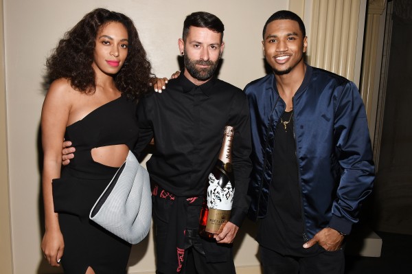 NEW YORK, NY - JUNE 03:  (L-R) Singer-songwriter Solange Knowles, fashion designer Marcelo Burlon, and singer-songwriter Trey Songz attend the Moet Nectar Imperial Rose x Marcelo Burlon Launch Event on June 3, 2015 in New York City.  (Photo by Andrew H. Walker/Getty Images for Moet)