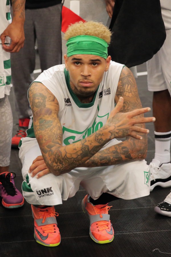LOS ANGELES, CA - JUNE 27:  Singer Chris Brown participates in the Sprite celebrity basketball game during the 2015 BET Experience at the Los Angeles Convention Center on June 27, 2015 in Los Angeles, California.  (Photo by Chelsea Lauren/BET/Getty Images for BET)