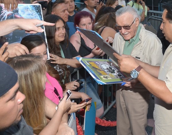 LOS ANGELES, CA - JUNE 29: Comic book icon Stan Lee signs autographs with fans at the world premiere of Marvel's "Ant-Man" at The Dolby Theatre on June 29, 2015 in Los Angeles, California.  (Photo by Charley Gallay/Getty Images) *** Local Caption *** Stan Lee