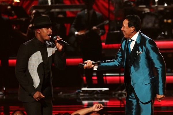 LOS ANGELES, CA - JUNE 28:  (L-R) Recording artist Ne-Yo (L) and Lifetime Achievement honoree Smokey Robinson perform onstage during the 2015 BET Awards at the Microsoft Theater on June 28, 2015 in Los Angeles, California.  (Photo by Mark Davis/BET/Getty Images for BET)