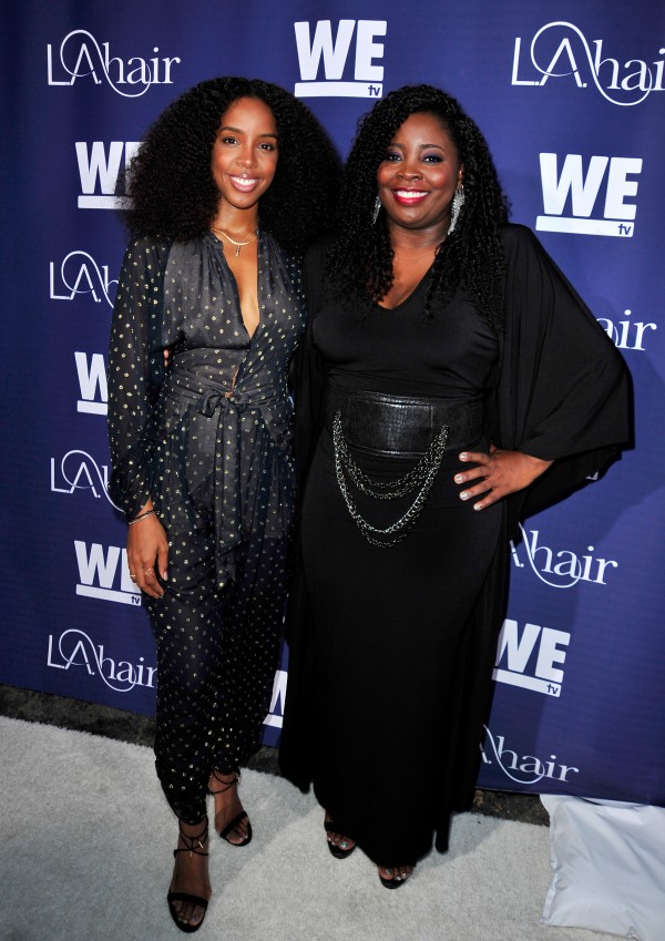 HOLLYWOOD, CA - JULY 14:  Recording artist Kelly Rowland (L) and TV personality Kim Kimble attend the WE tv's LA Hair Season 4 Premiere Party at Avalon on July 14, 2015 in Hollywood, California.  (Photo by Jerod Harris/Getty Images for WE tv)