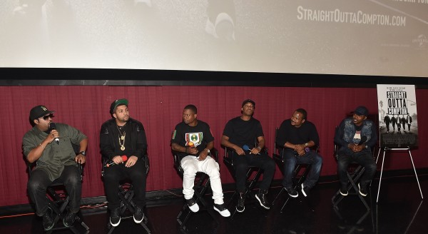 ATLANTA, GA - JULY 24:  (L-R) Ice Cube, O'Shea Jackson Jr., Jason Mitchell, Corey Hawkins, F. Gary Gray, and Will Packer onstage at "Straight Outta Compton" VIP Screening and Q&A With Director/ Producer F. Gary Gray, Producer Ice Cube, Executive Producer Will Packer, And Cast Members at Regal Atlantic Station on July 24, 2015 in Atlanta, Georgia.  (Photo by Paras Griffin/Getty Images for Universal Pictures)