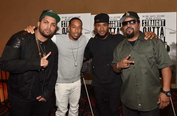 ATLANTA, GA - JULY 24:  (L-R) Actor O'Shea Jackson Jr., rapper Ludacris, recording artist Usher Raymond and rapper/actor Ice Cube attend "Straight Outta Compton" VIP Screening With Director/ Producer F. Gary Gray, Producer Ice Cube, Executive Producer Will Packer, And Cast Members at Regal Atlantic Station on July 24, 2015 in Atlanta, Georgia.  (Photo by Paras Griffin/Getty Images for Universal Pictures)