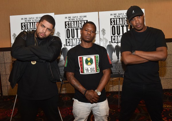 ATLANTA, GA - JULY 24:  (L-R) Actors O'Shea Jackson Jr., Jason Mitchell, and Corey Hawkins attend "Straight Outta Compton" VIP Screening With Director/ Producer F. Gary Gray, Producer Ice Cube, Executive Producer Will Packer, And Cast Members at Regal Atlantic Station on July 24, 2015 in Atlanta, Georgia.  (Photo by Paras Griffin/Getty Images for Universal Pictures)