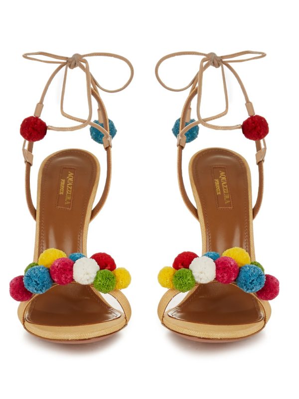 Aquazzura Pom Pom-Embellished Raffia Sandals