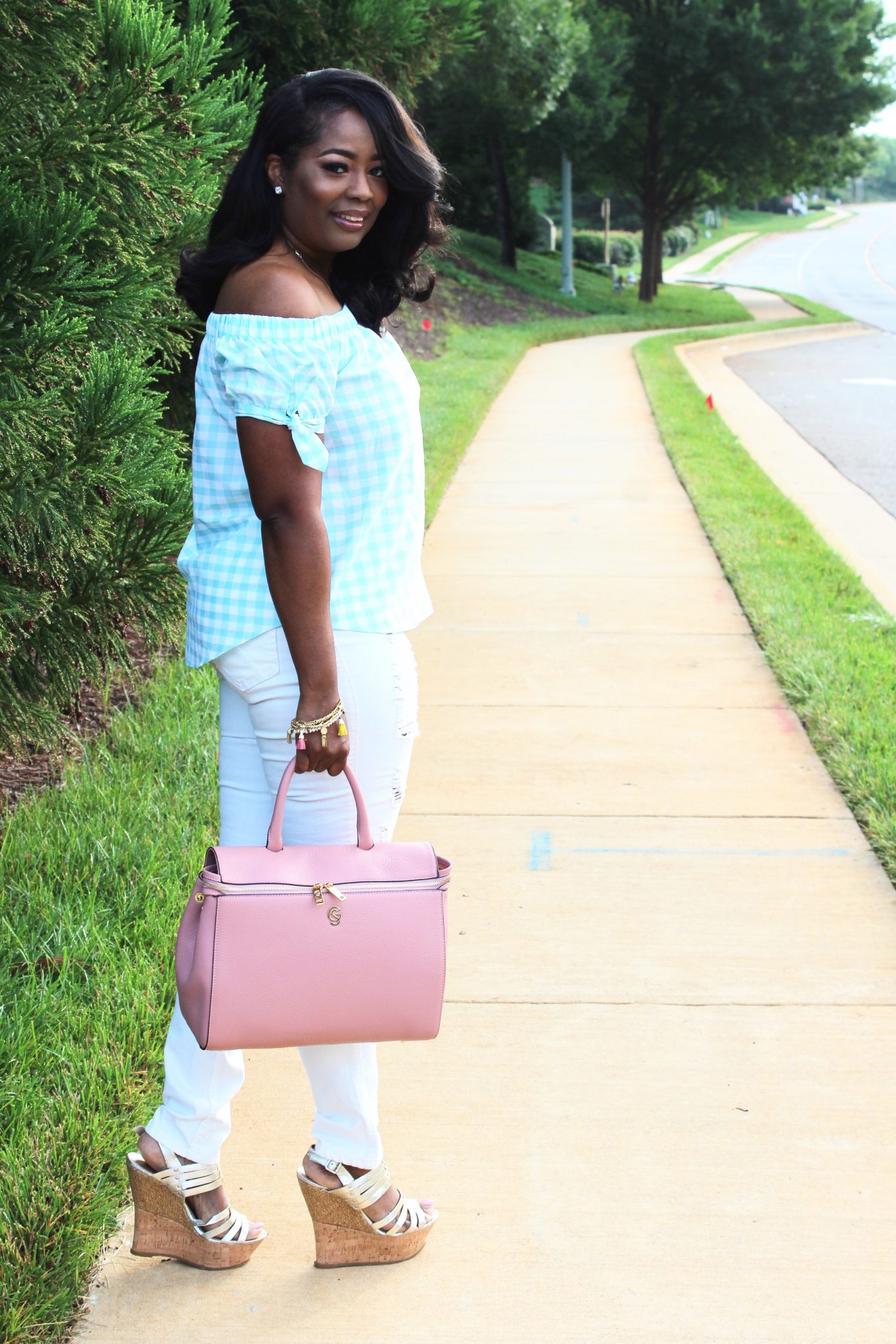 My Style: Gingham Print Off-The-Shoulder Blouse