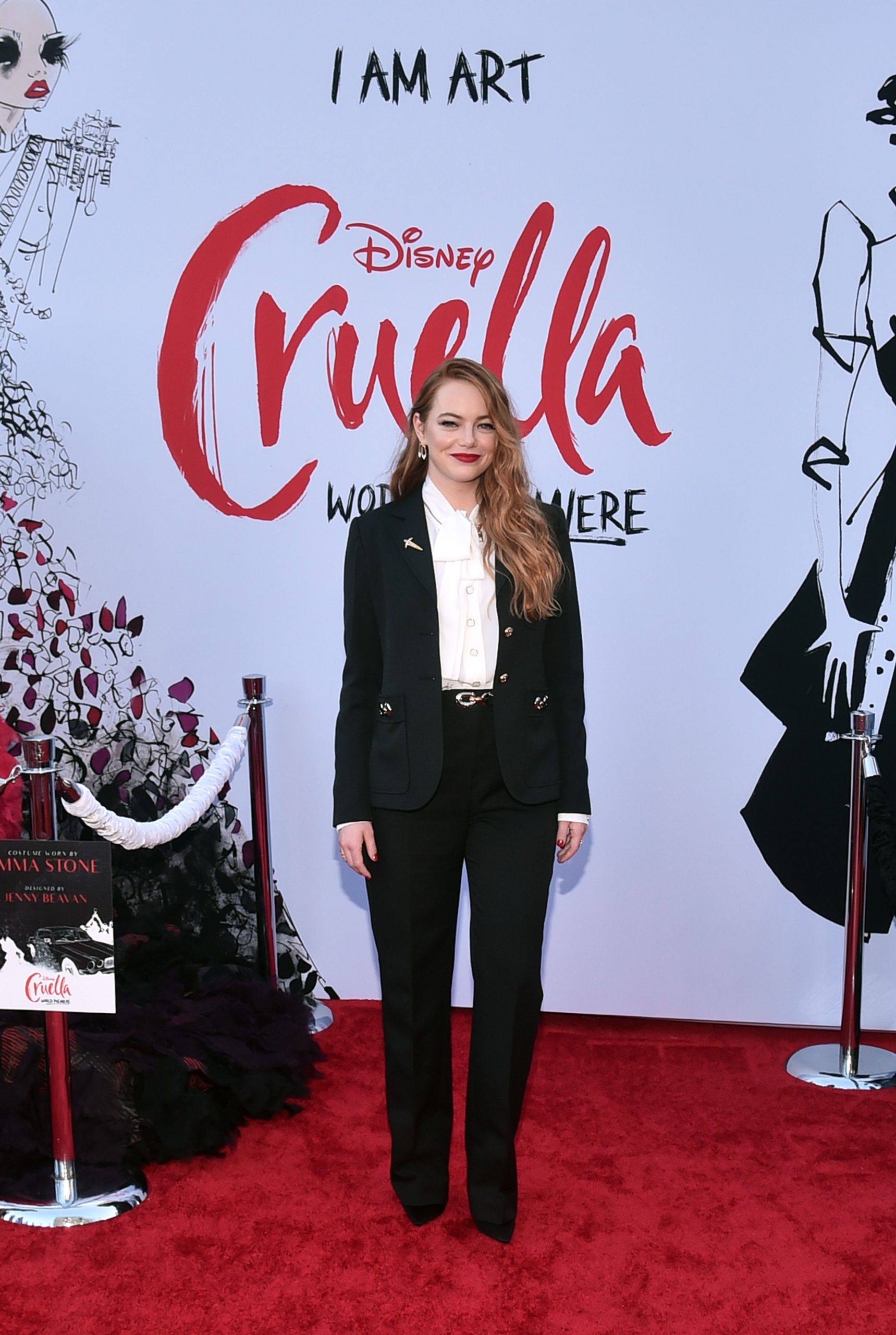 Movie star Emma Stone at the LA premiere of Cruella in a gorgeous black suit