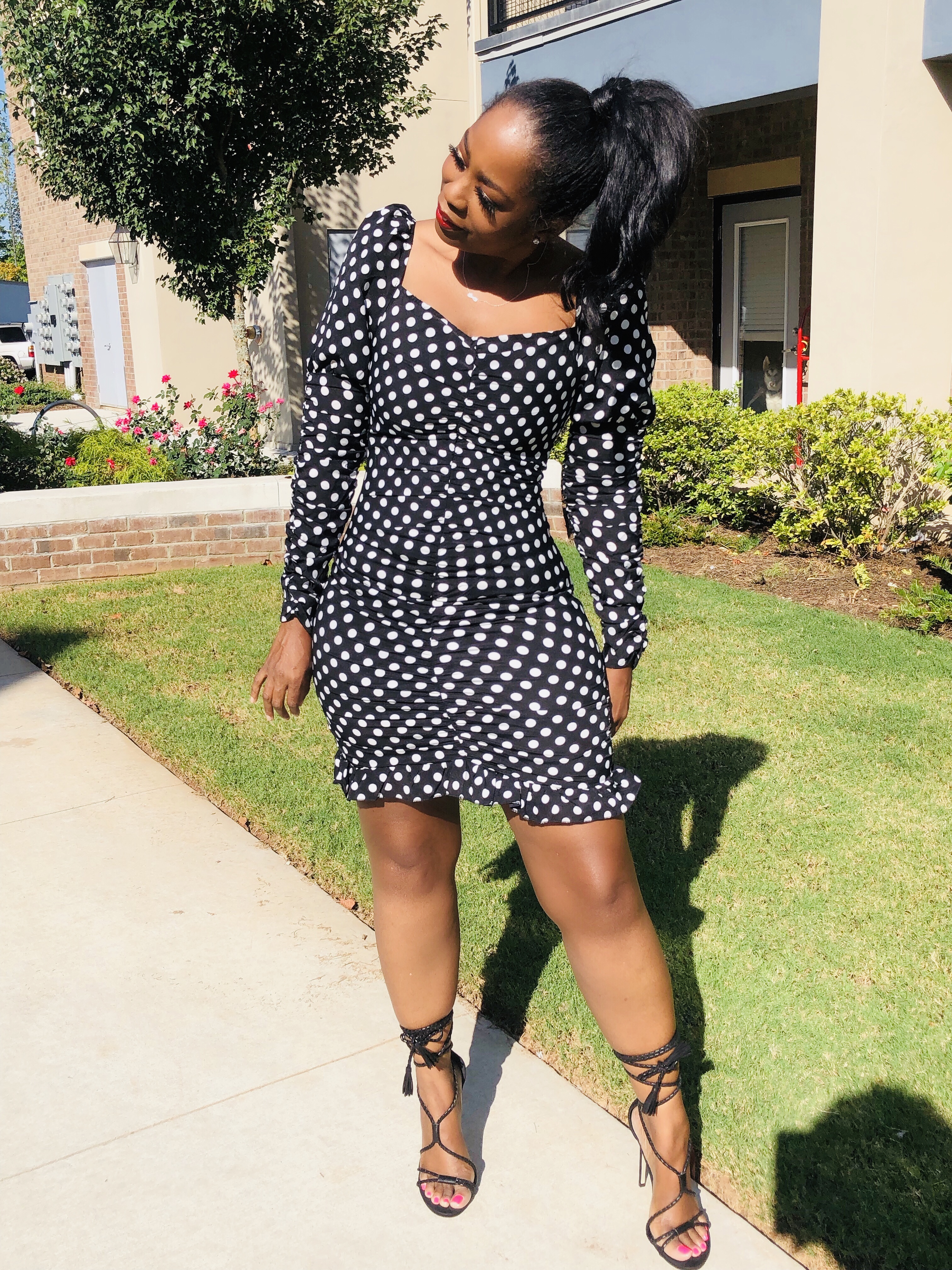My Style: Femme Luxe Polka Dot Ruched Puff Sleeve Mini Dress