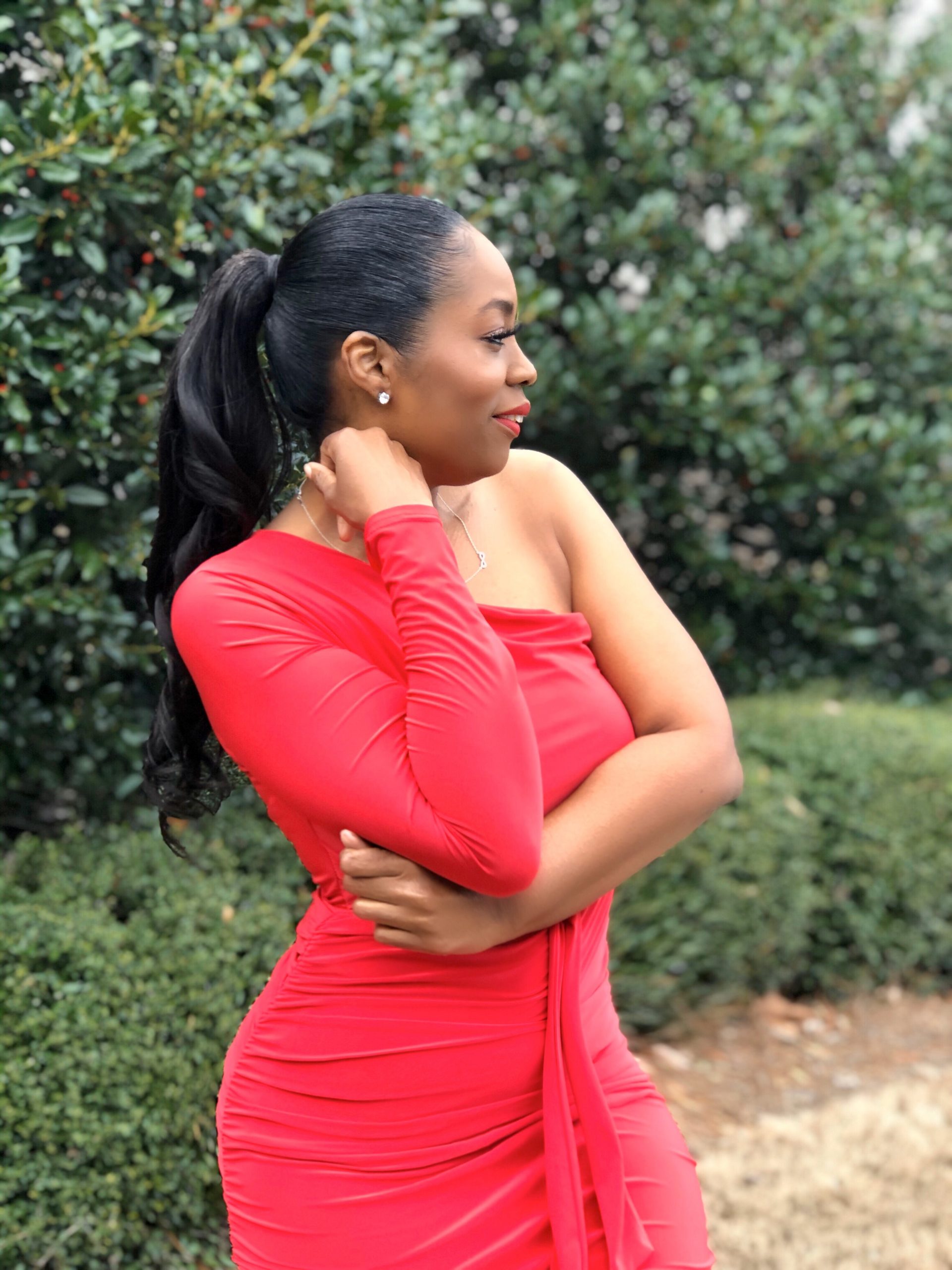 My Style: Red One Shoulder Ruched Slinky Midi Dress
