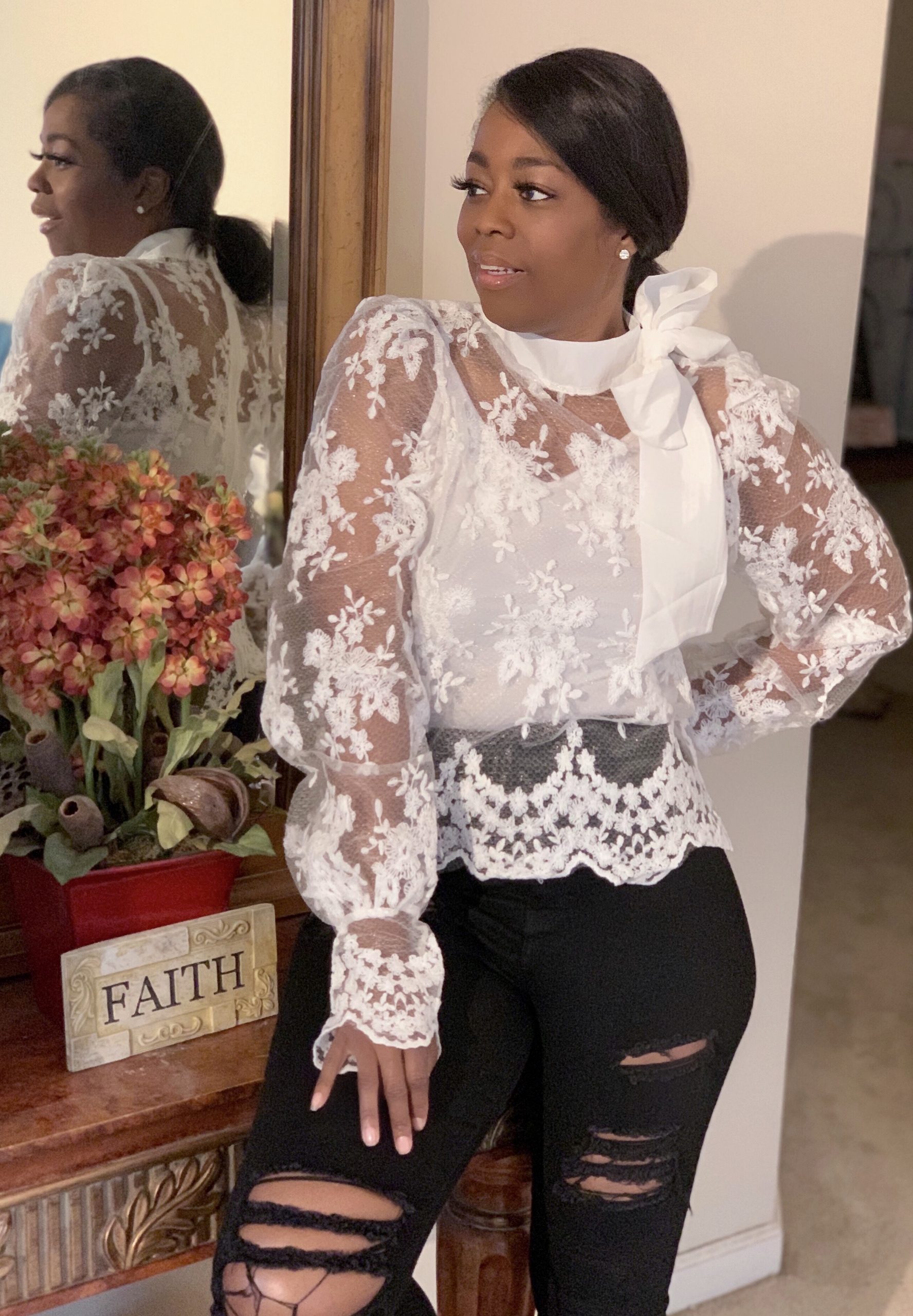 My Style: Femme Luxe Finery White Lace Puff Sleeves High Neck Top
