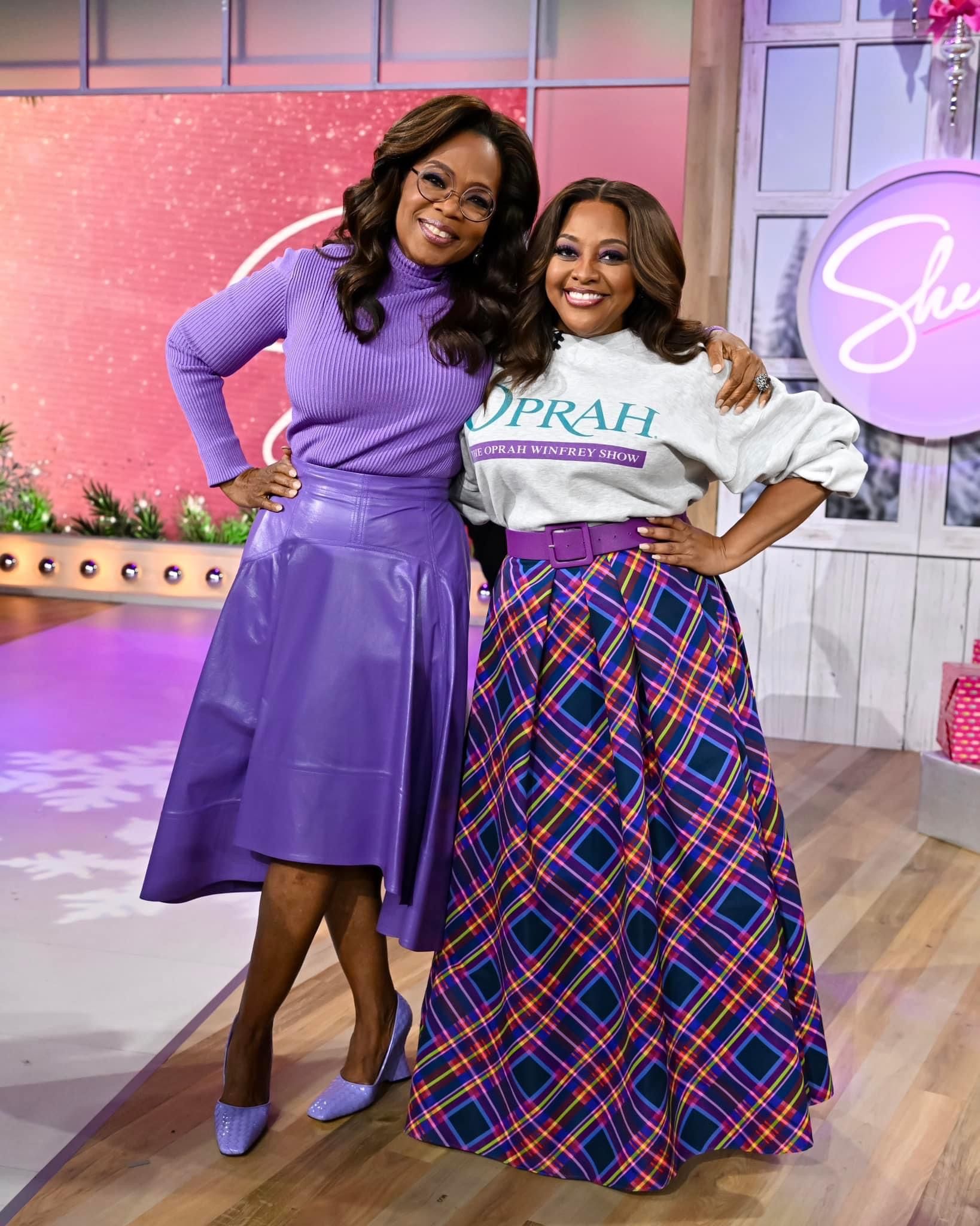 Wardrobe Breakdown: Oprah Winfrey In Purple Leather Skirt  & Sherri In Vintage Oprah Sweatshirt & Plaid Ball Skirt