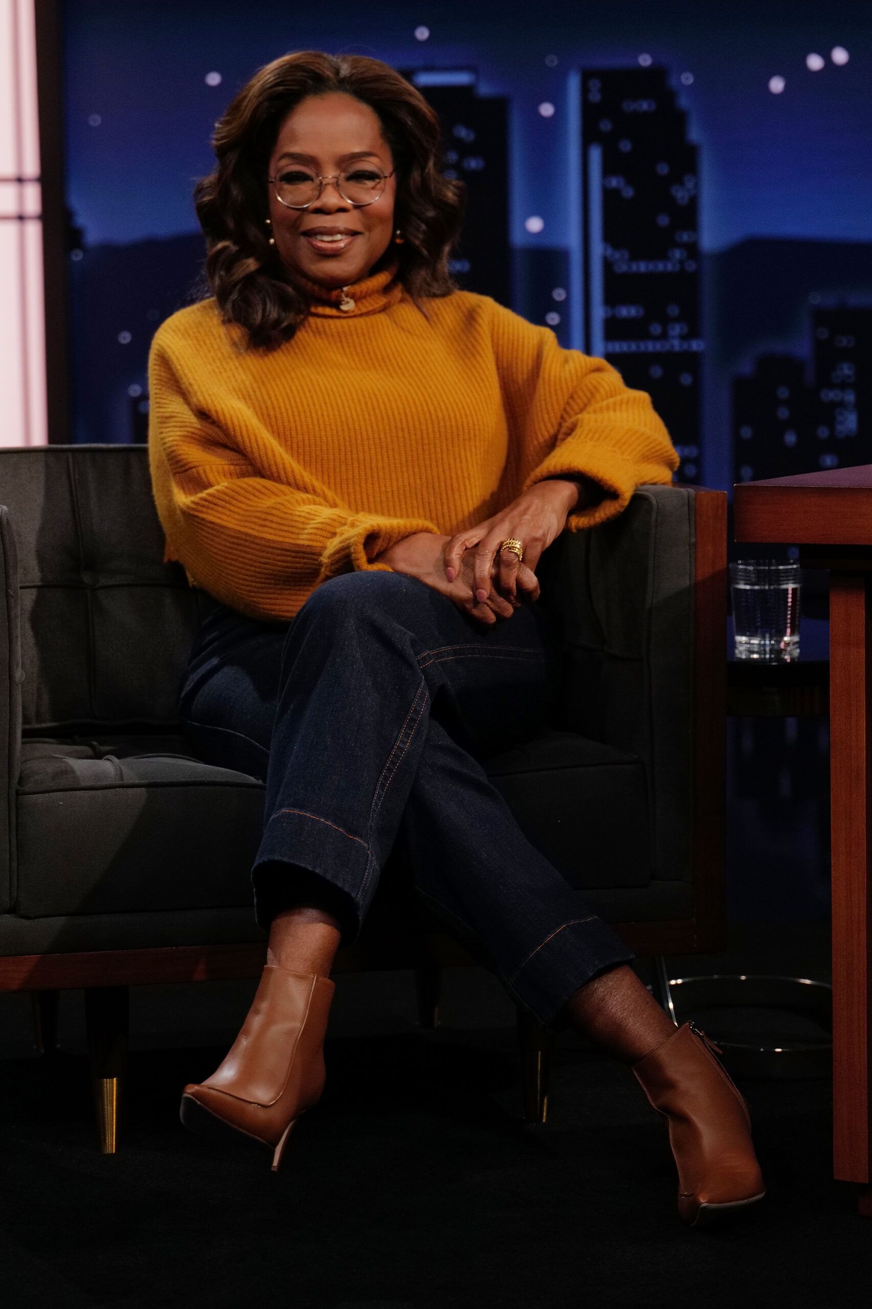 Wardrobe Breakdown: Oprah Winfrey Jeans With Big Zipper On Jimmy Kimmel