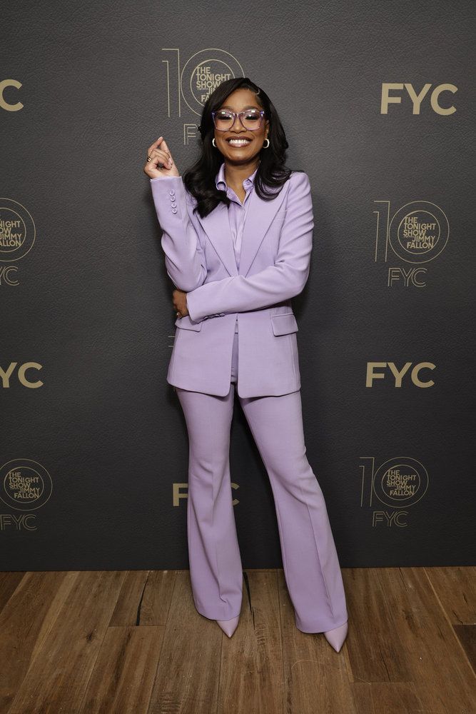Wardrobe Breakdown: KeKe Palmer Lavender Suit At The Tonight Show With Jimmy Fallon Event